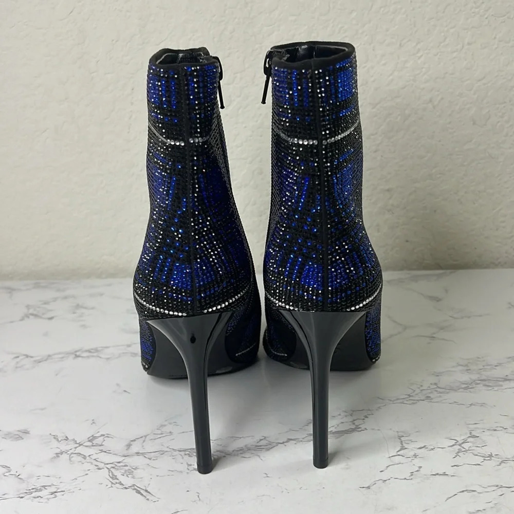 INC-  Blue Plaid Rhinestone Reisa Pointed Toe Stiletto Dress Booties - Picture 7 of 11